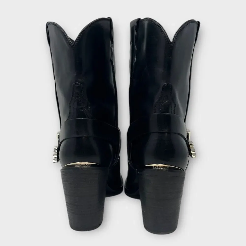 PARTLOW Charlotte Leather Buckle Western Booties In Nero Size 42